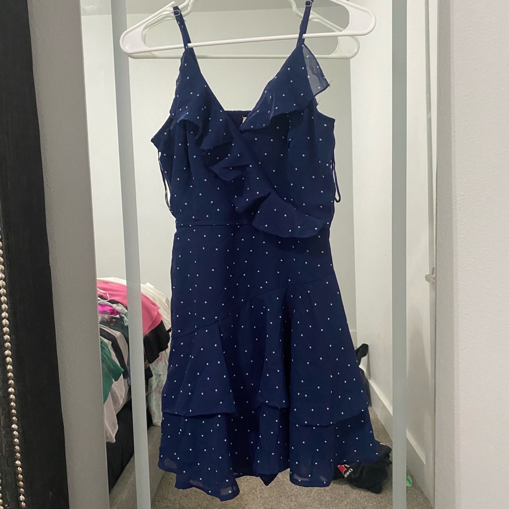 Navy Blue Ruffled Polka Dot Dress